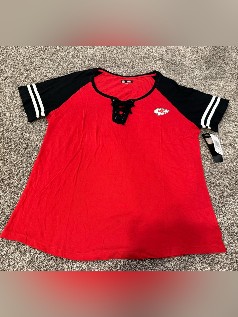 NFL Girls Red Lace-Up Raglan Tee with Black Sleeves